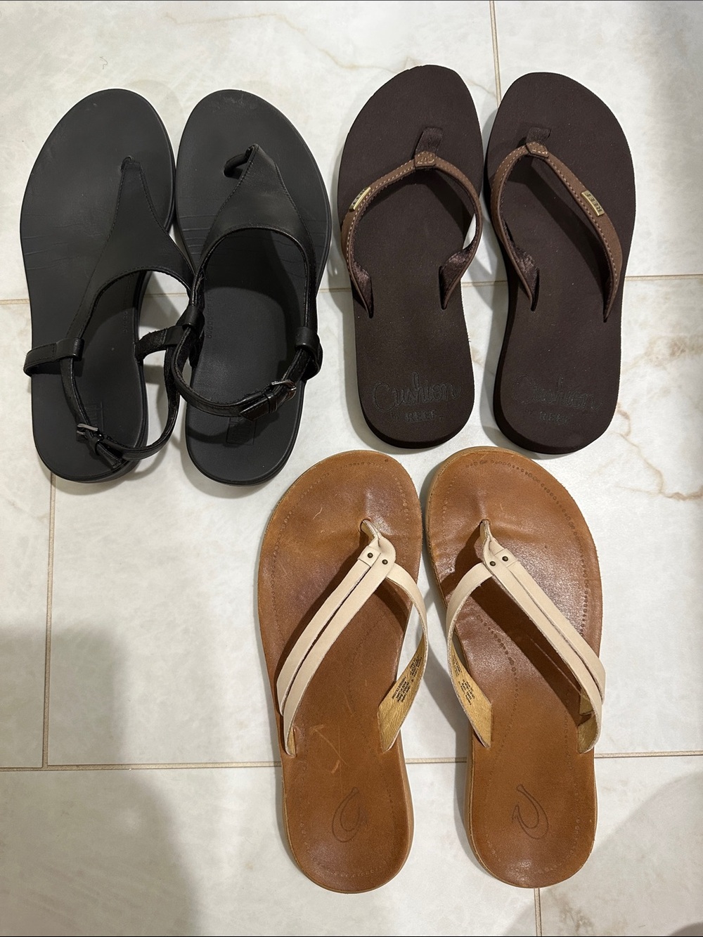 Women's Leather Flip Flop Sandals - Beige and Brown Options